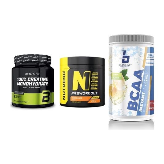 Kraft-Stack: BioTech Creatine + Nutrend N1 + Blackline – alle enthaltenen Artikel