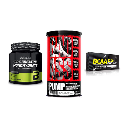 Kraft-Stack: BioTech Creatine + BAD ASS Pump + Olimp BCAA Mega – alle enthaltenen Artikel