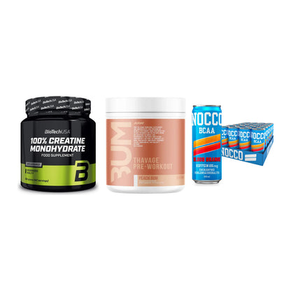 Kraft-Stack: BioTech Creatine + RAW Nutrition + Nocco BCAA Drink – alle enthaltenen Artikel