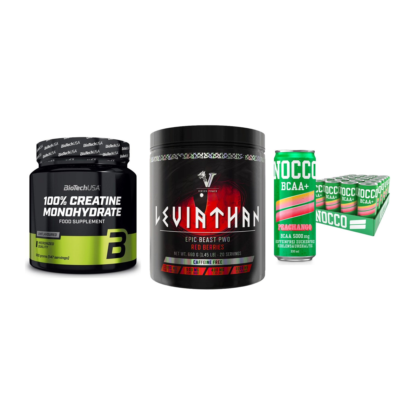 Kraft-Stack: BioTech Creatine + Viking Power + Nocco BCAA Drink – alle enthaltenen Artikel