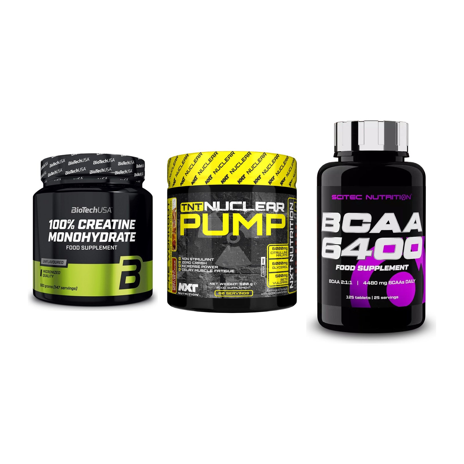 Kraft-Stack: BioTech Creatine + NXT Nutrition TNT + Scitec BCAA 6400 – alle enthaltenen Artikel