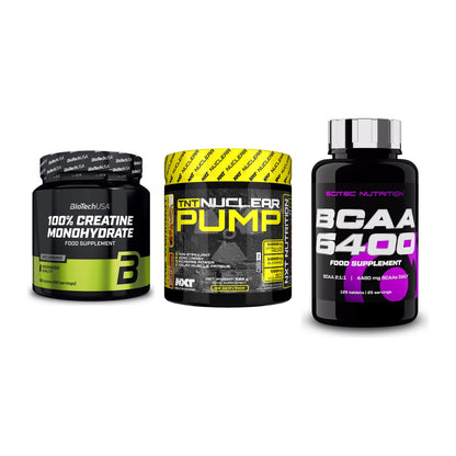Kraft-Stack: BioTech Creatine + NXT Nutrition TNT + Scitec BCAA 6400 – alle enthaltenen Artikel