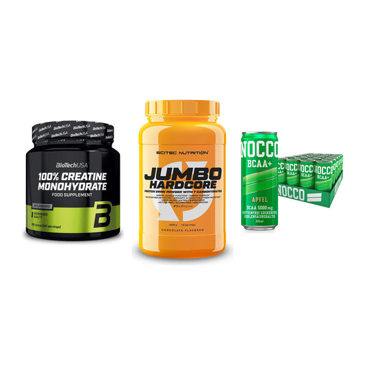 Kraft-Stack: BioTech Creatine + Scitec Jumbo + Nocco BCAA Drink – alle enthaltenen Artikel