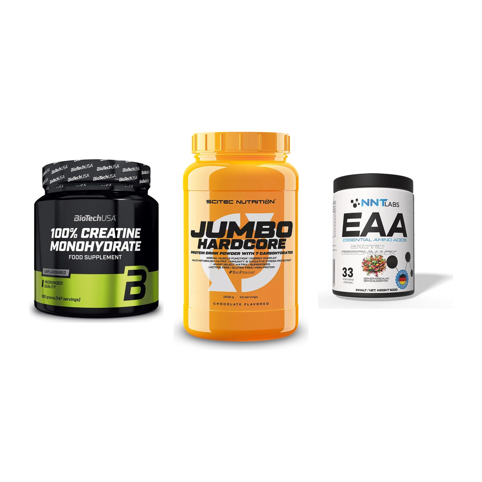 Kraft-Stack: BioTech Creatine + Scitec Jumbo + NNT EAA – alle enthaltenen Artikel