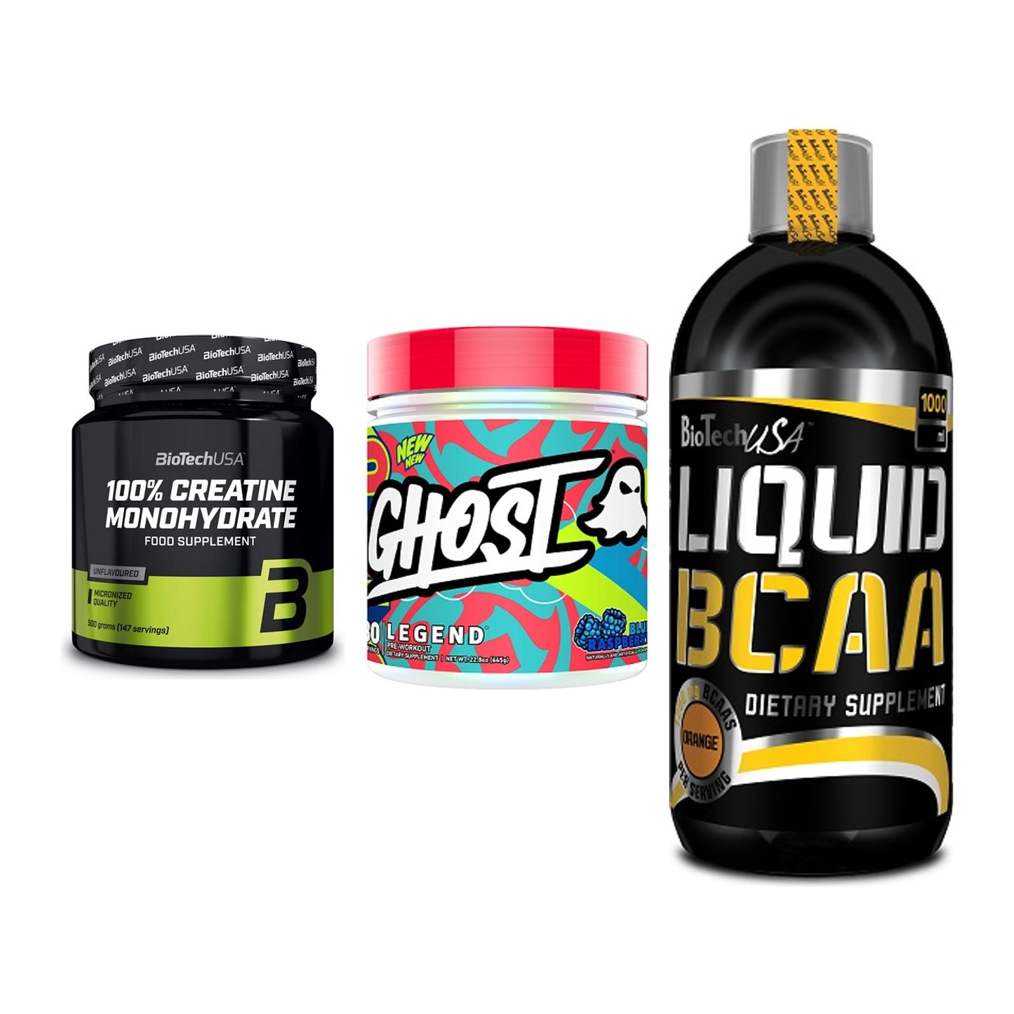 Kraft-Stack: BioTech Creatine + Ghost Legend V4 + BioTech Liquid – alle enthaltenen Artikel