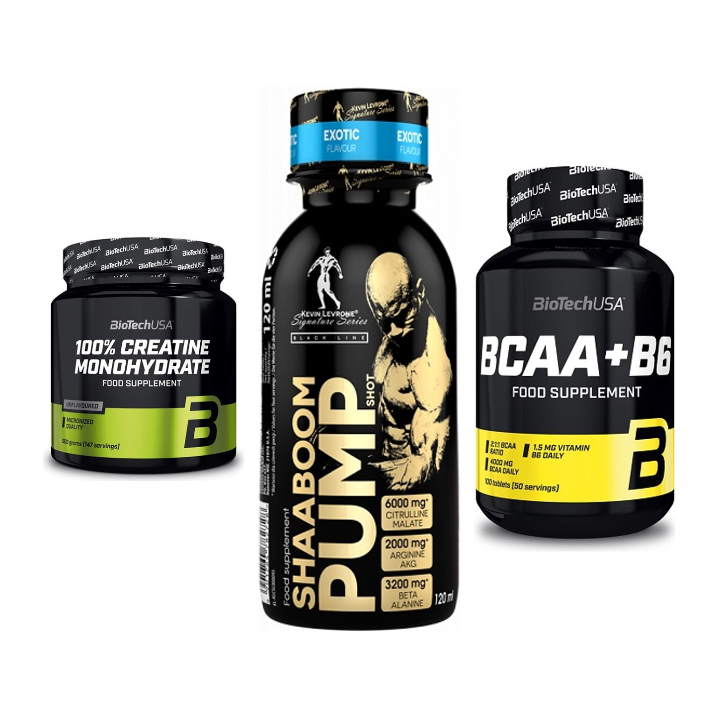 Kraft-Stack: BioTech Creatine + Kevin Levrone + BioTech BCAA+B6 – alle enthaltenen Artikel