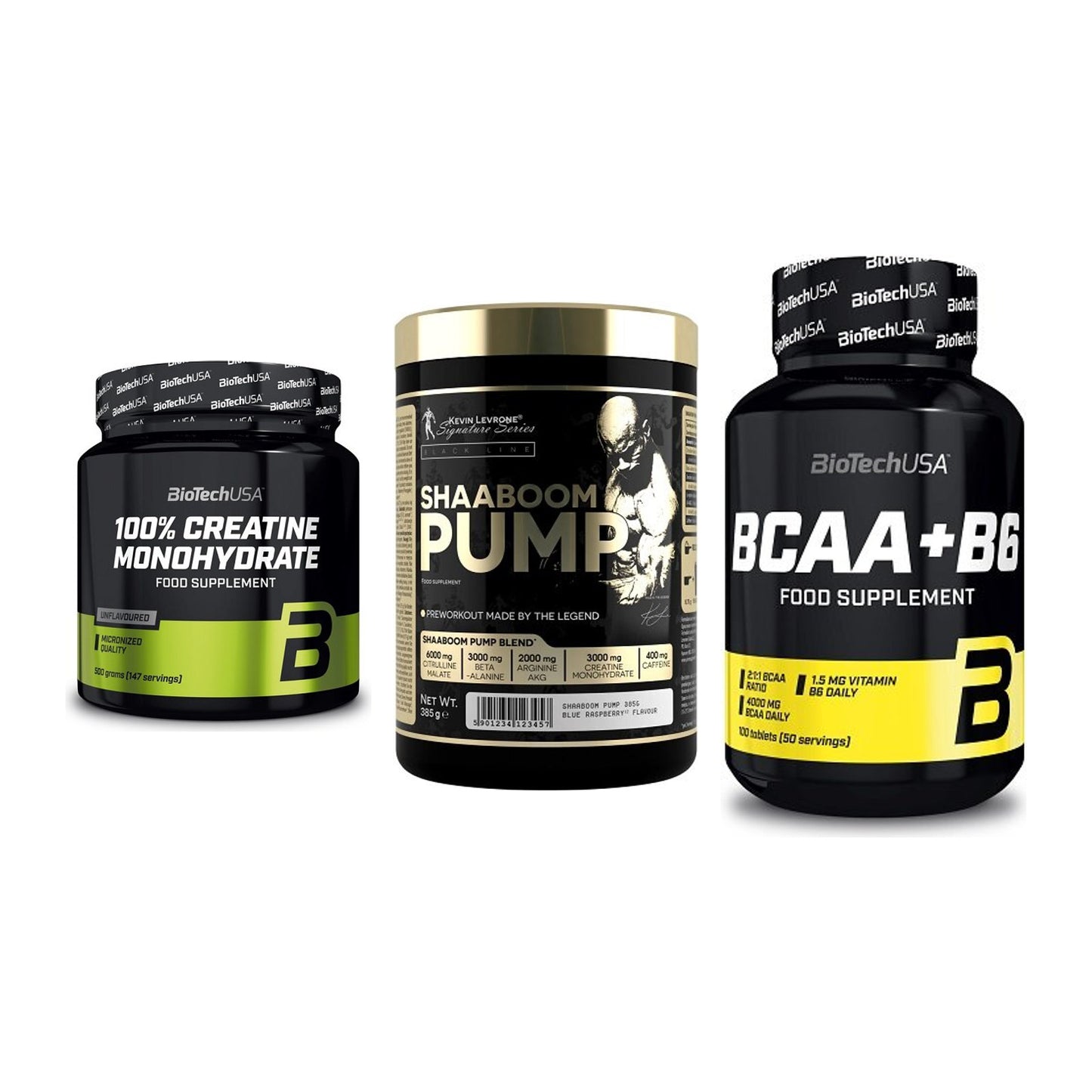 Kraft-Stack: BioTech Creatine + Kevin Levrone + BioTech BCAA+B6 – alle enthaltenen Artikel