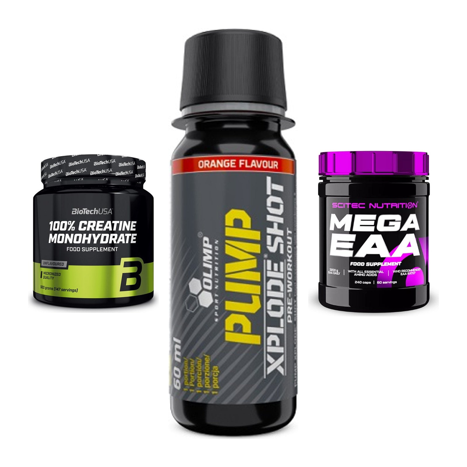 Kraft-Stack: BioTech Creatine + Olimp Pump Xplode + Scitec Mega EAA – alle enthaltenen Artikel