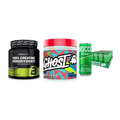 Kraft-Stack: BioTech Creatine + Ghost Legend V4 + Nocco BCAA Drink – alle enthaltenen Artikel