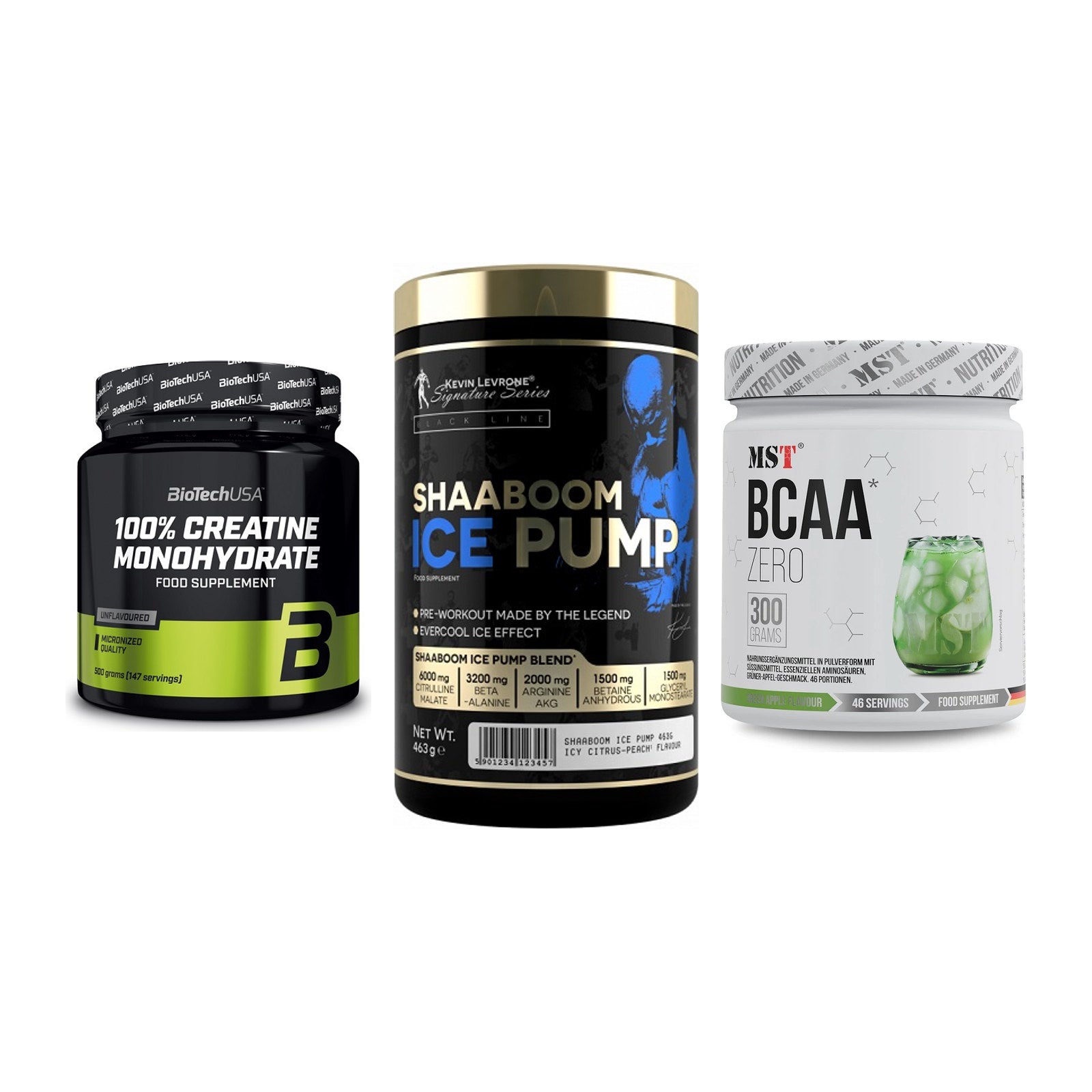 Kraft-Stack: BioTech Creatine + Kevin Levrone + MST BCAA Zero – alle enthaltenen Artikel