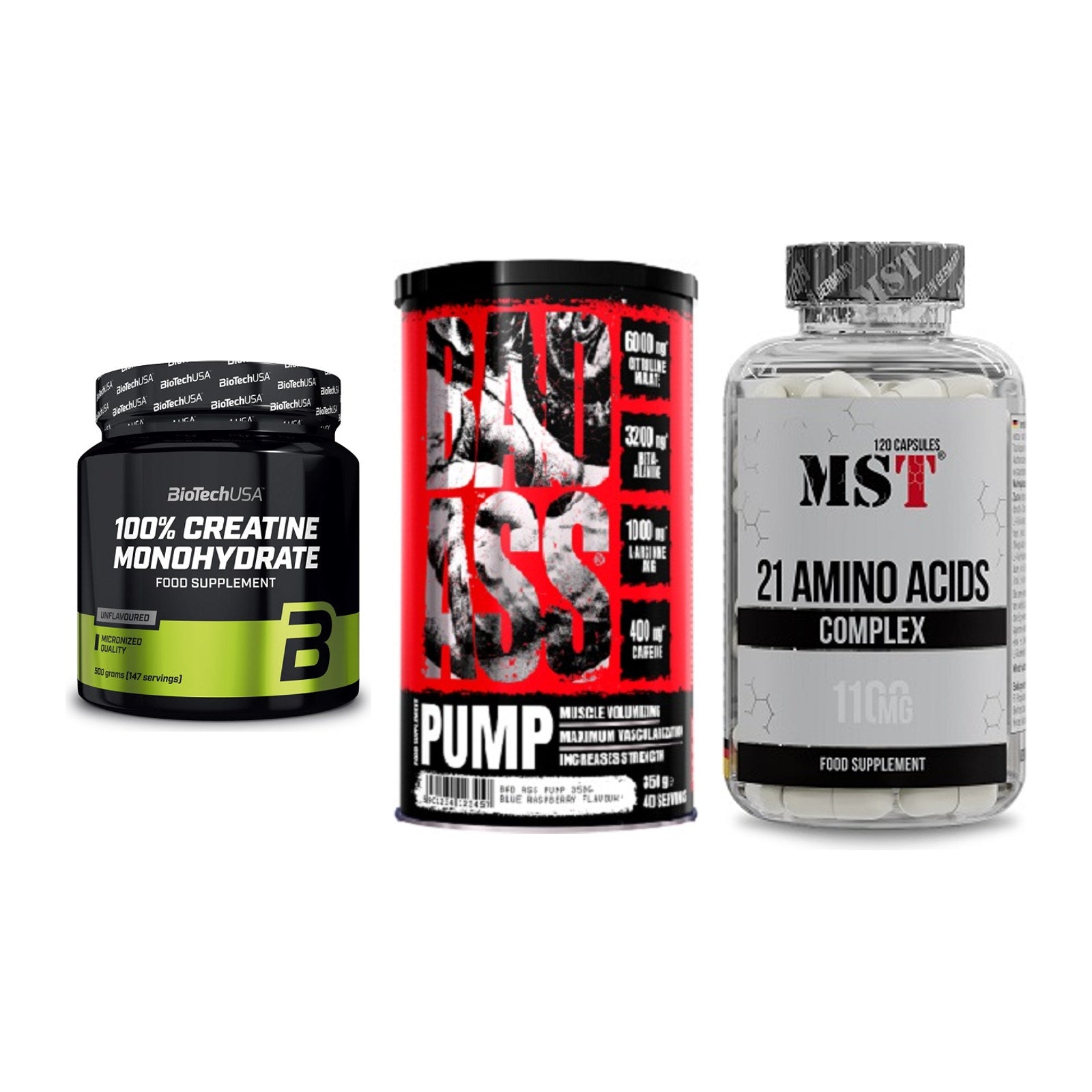 Kraft-Stack: BioTech Creatine + BAD ASS Pump + MST 21 Amino – alle enthaltenen Artikel