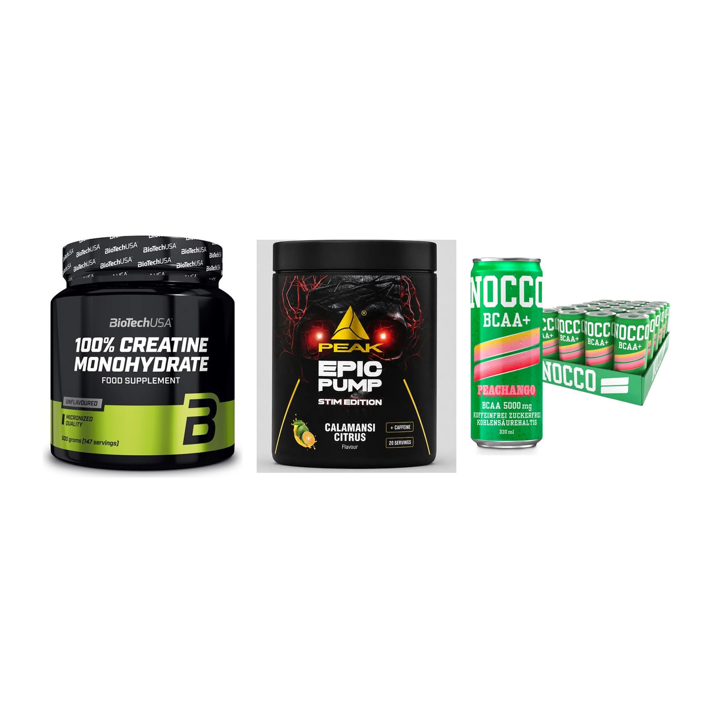 Kraft-Stack: BioTech Creatine + Peak Epic Pump + Nocco BCAA Drink – alle enthaltenen Artikel