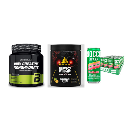 Kraft-Stack: BioTech Creatine + Peak Epic Pump + Nocco BCAA Drink – alle enthaltenen Artikel