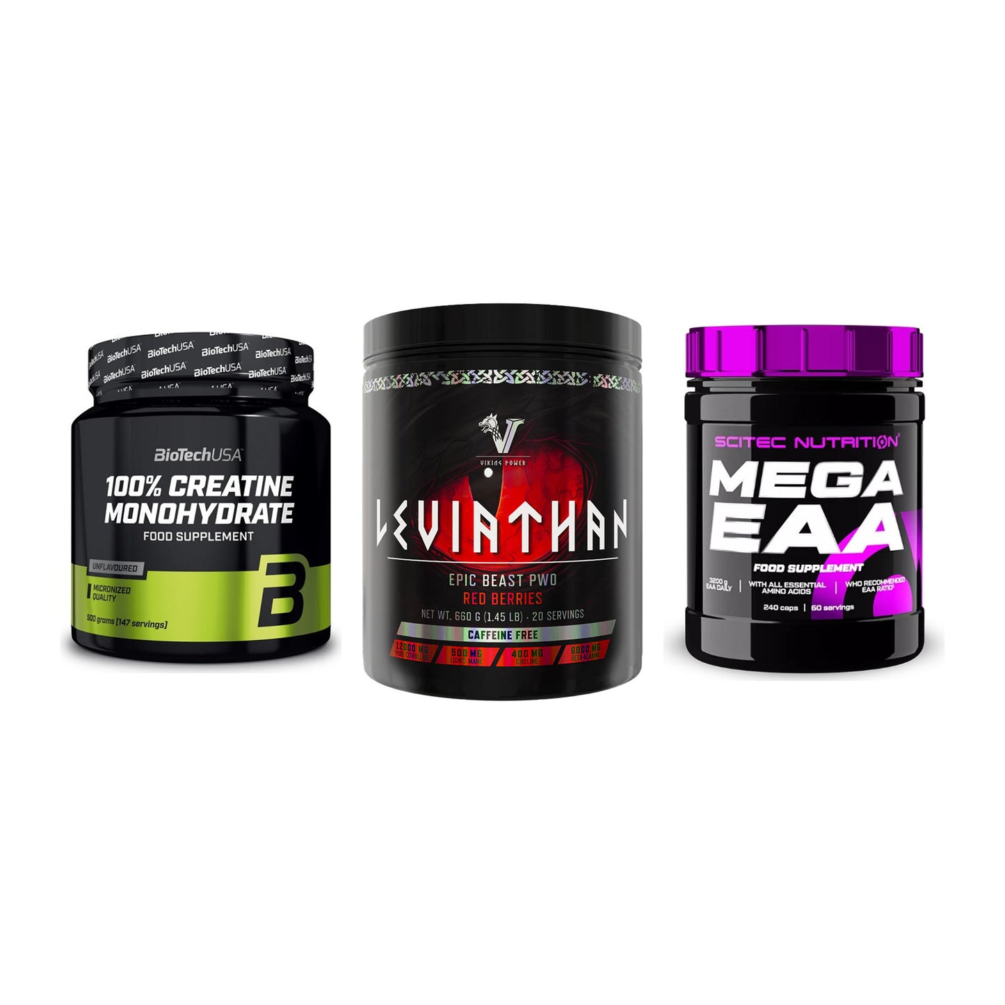 Kraft-Stack: BioTech Creatine + Viking Power + Scitec Mega EAA – alle enthaltenen Artikel
