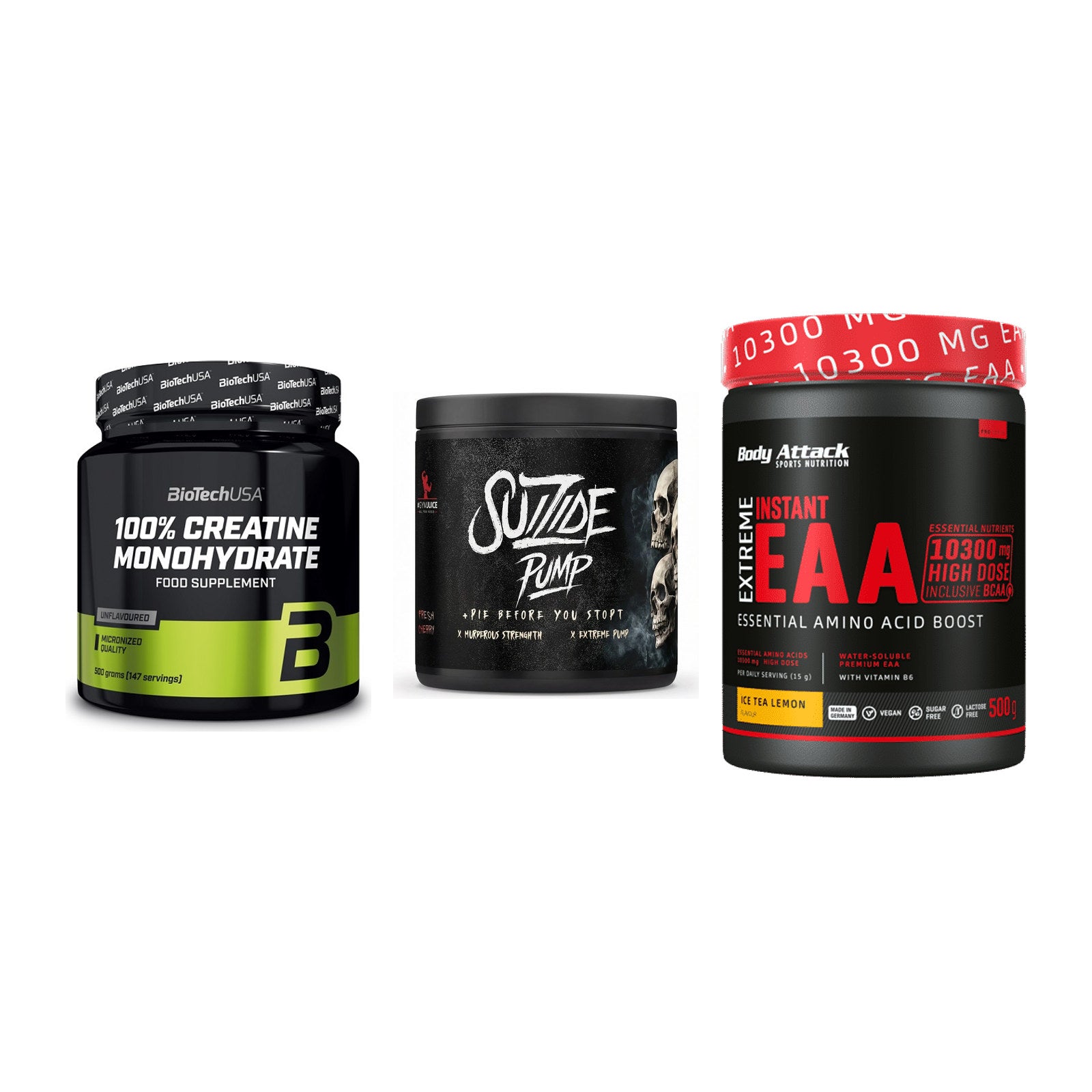 Kraft-Stack: BioTech Creatine + #GYMJUICE SUIZIDE + Body Attack – alle enthaltenen Artikel