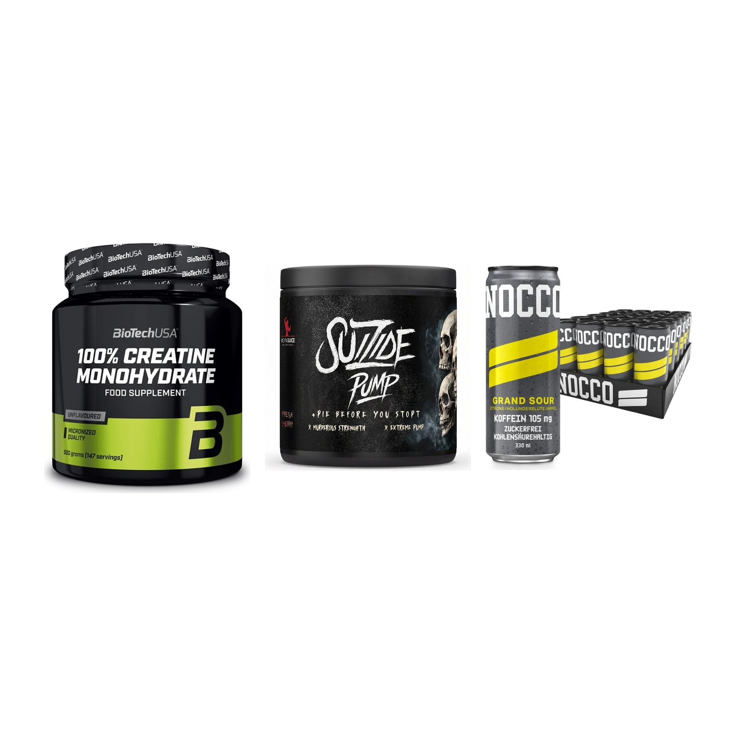 Kraft-Stack: BioTech Creatine + #GYMJUICE SUIZIDE + Nocco BCAA Drink – alle enthaltenen Artikel