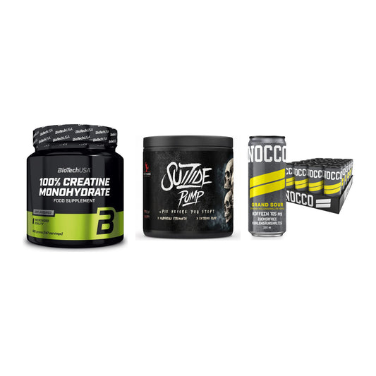 Kraft-Stack: BioTech Creatine + #GYMJUICE SUIZIDE + Nocco BCAA Drink – alle enthaltenen Artikel