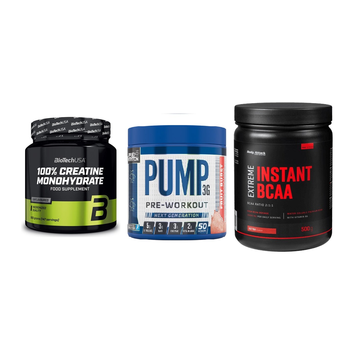 Kraft-Stack: BioTech Creatine + Applied Nutrition + Body Attack – alle enthaltenen Artikel