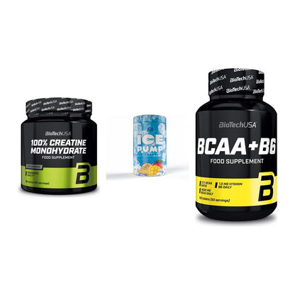 Kraft-Stack: BioTech Creatine + FA Nutrition ICE + BioTech BCAA+B6 – alle enthaltenen Artikel