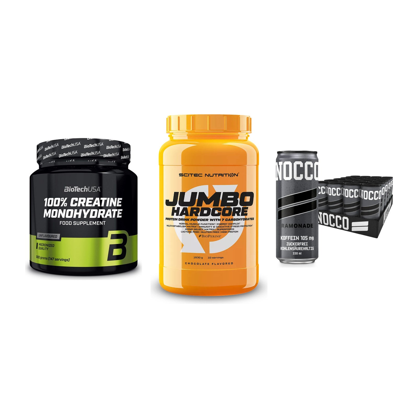 Kraft-Stack: BioTech Creatine + Scitec Jumbo + Nocco BCAA Drink – alle enthaltenen Artikel