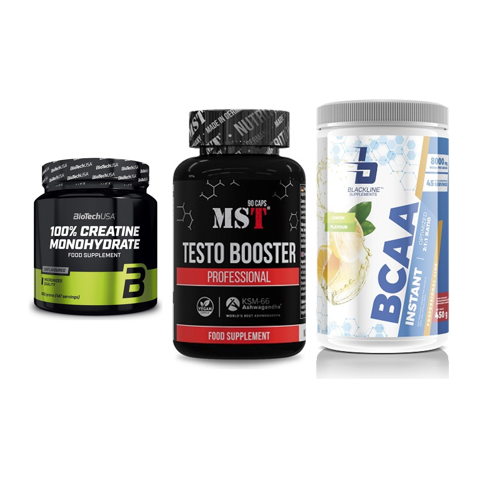 Kraft-Stack: BioTech Creatine + MST Testo Booster + Blackline – alle enthaltenen Artikel