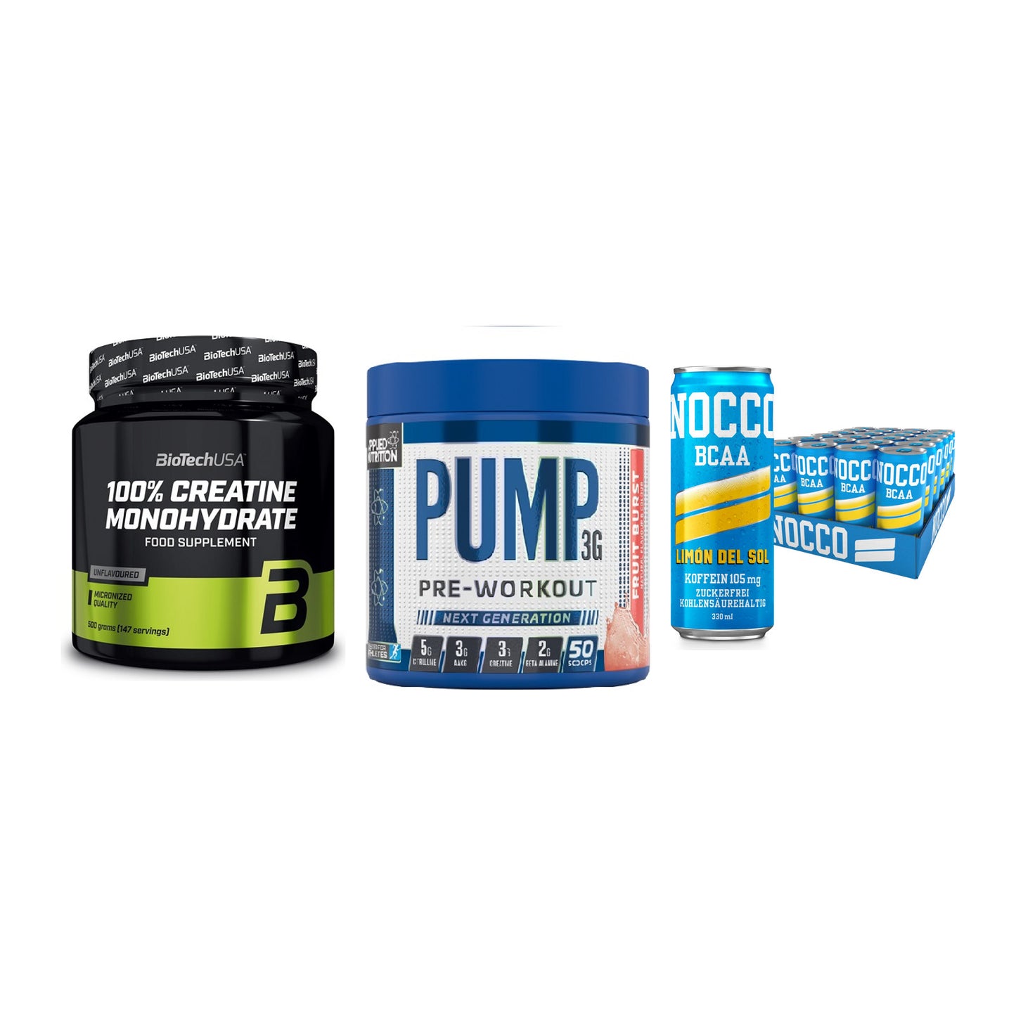 Kraft-Stack: BioTech Creatine + Applied Nutrition + Nocco BCAA Drink – alle enthaltenen Artikel