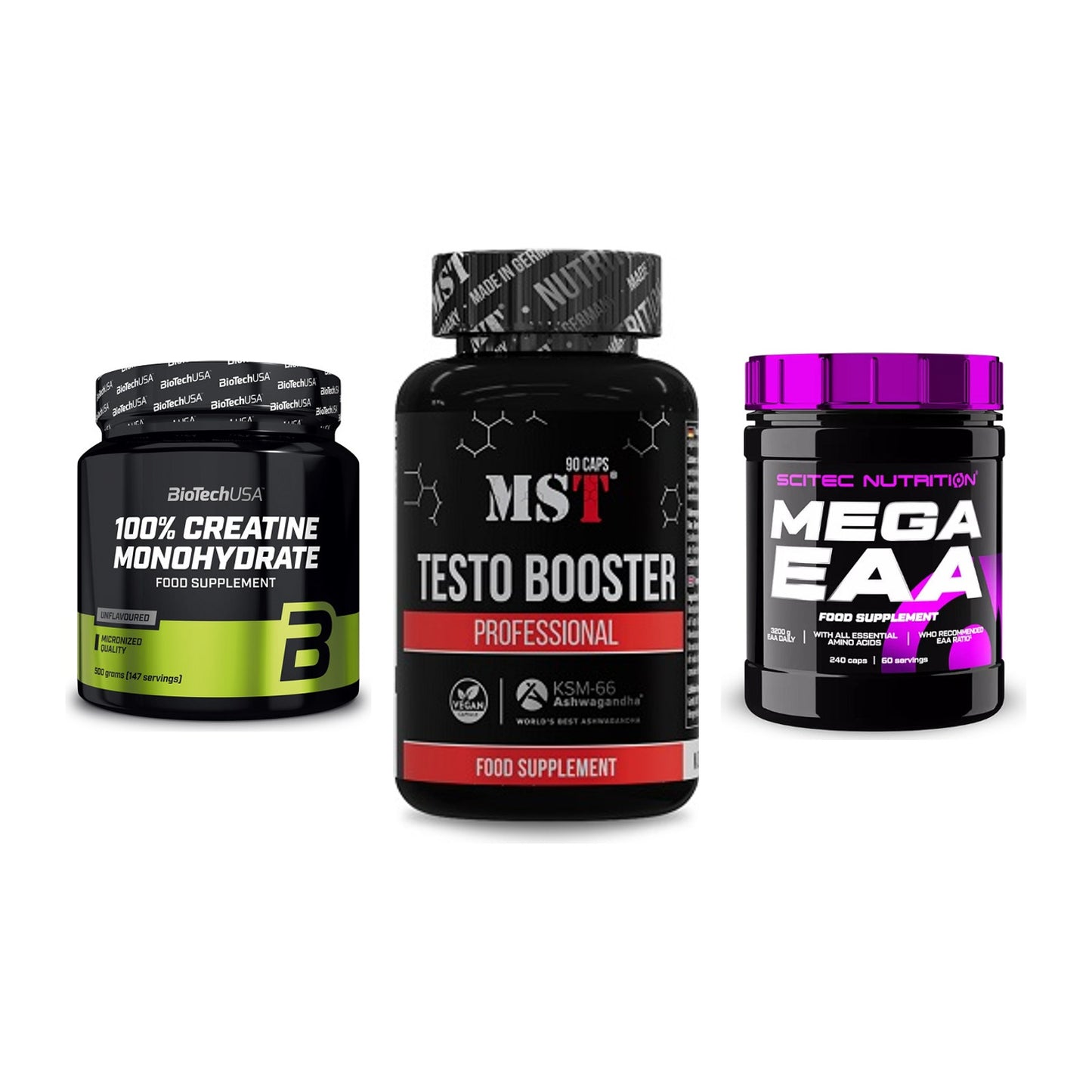 Kraft-Stack: BioTech Creatine + MST Testo Booster + Scitec Mega EAA – alle enthaltenen Artikel