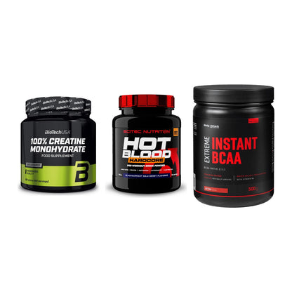 Kraft-Stack: BioTech Creatine + Scitec Hot Blood + Body Attack – alle enthaltenen Artikel
