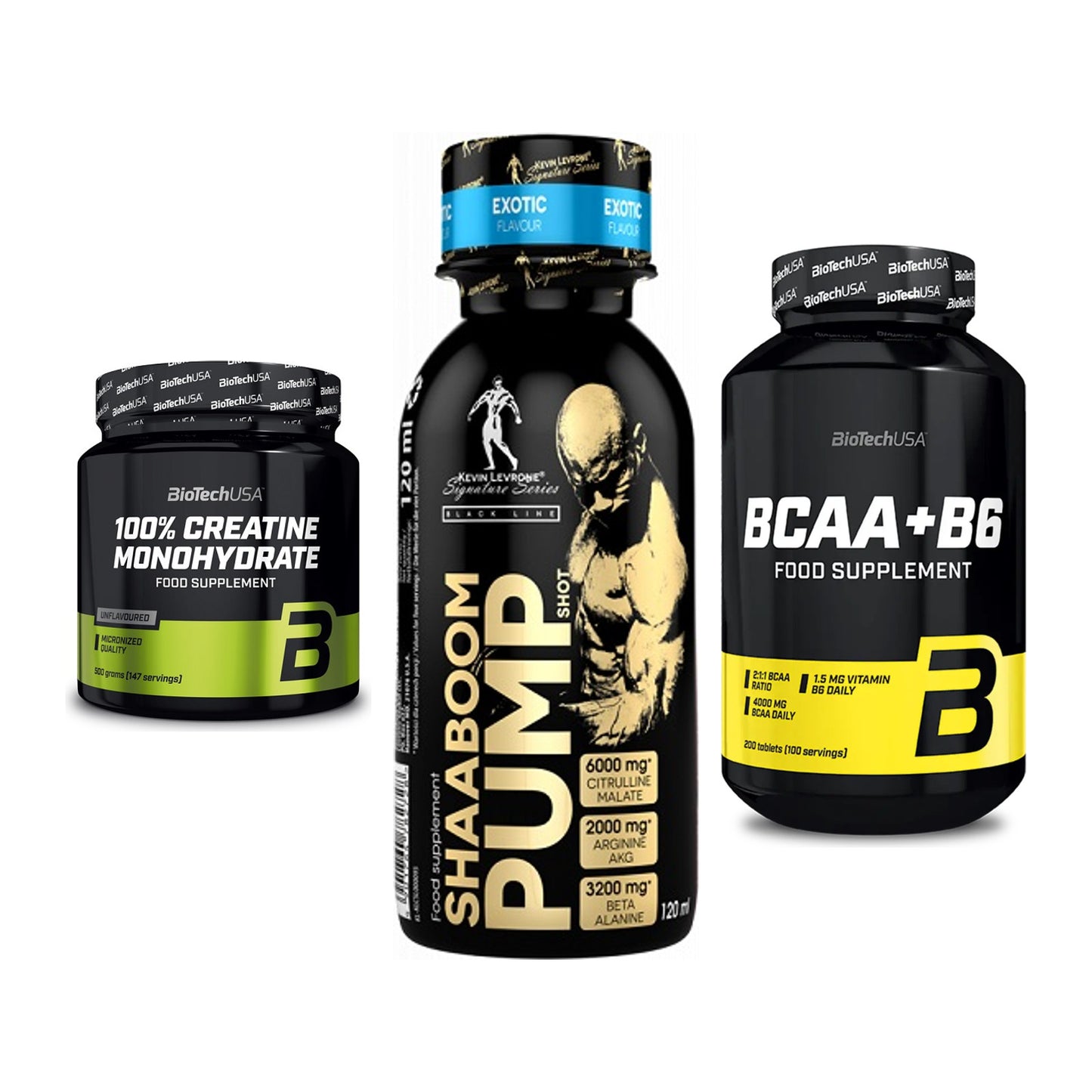 Kraft-Stack: BioTech Creatine + Kevin Levrone + BioTech BCAA+B6 – alle enthaltenen Artikel