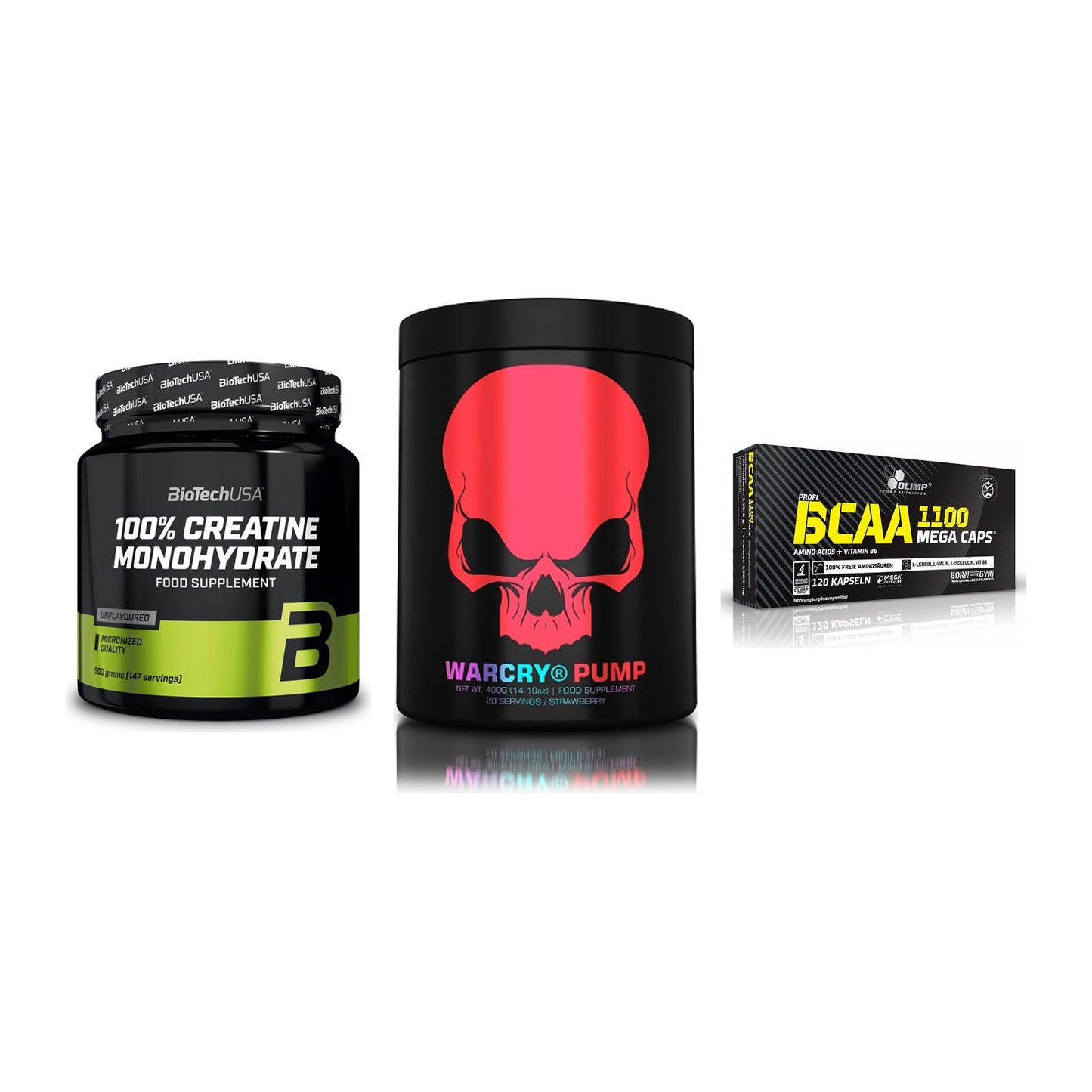 Kraft-Stack: BioTech Creatine + Genius Nutrition + Olimp BCAA Mega – alle enthaltenen Artikel