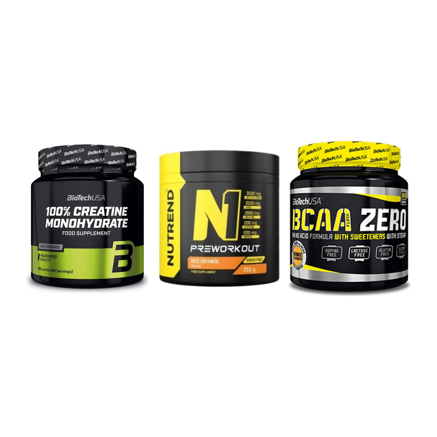 Kraft-Stack: BioTech Creatine + Nutrend N1 + BioTech BCAA Zero – alle enthaltenen Artikel
