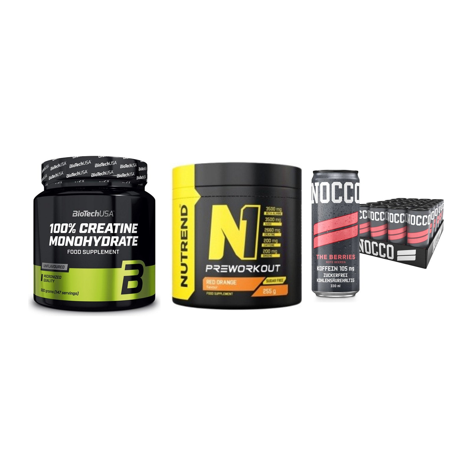 Kraft-Stack: BioTech Creatine + Nutrend N1 + Nocco BCAA Drink – alle enthaltenen Artikel