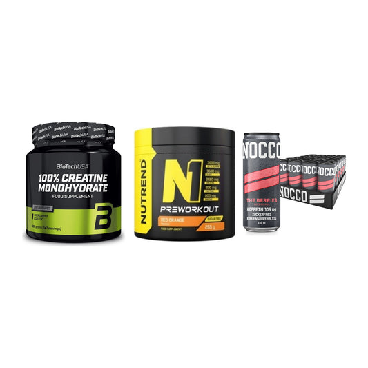 Kraft-Stack: BioTech Creatine + Nutrend N1 + Nocco BCAA Drink – alle enthaltenen Artikel