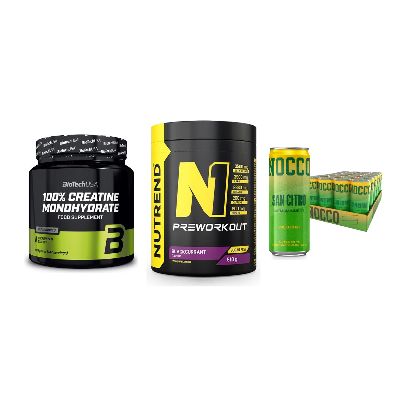 Kraft-Stack: BioTech Creatine + Nutrend N1 + Nocco BCAA Drink – alle enthaltenen Artikel