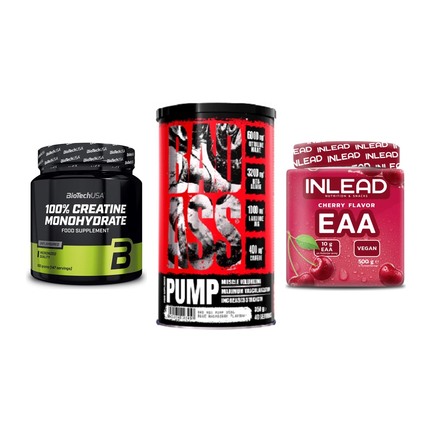 Kraft-Stack: BioTech Creatine Monohydrate + BAD ASS Pump + INLEAD EAA – alle enthaltenen Artikel