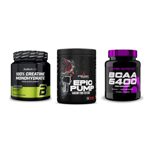 Kraft-Stack: BioTech Creatine + Peak EPIC Pump + Scitec BCAA 6400 – alle enthaltenen Artikel