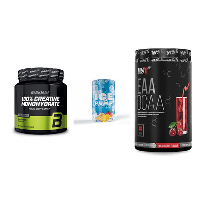 Kraft-Stack: BioTech Creatine + FA Nutrition ICE + MST EAA & BCAA – alle enthaltenen Artikel