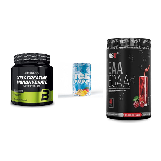 Kraft-Stack: BioTech Creatine + FA Nutrition ICE + MST EAA & BCAA – alle enthaltenen Artikel