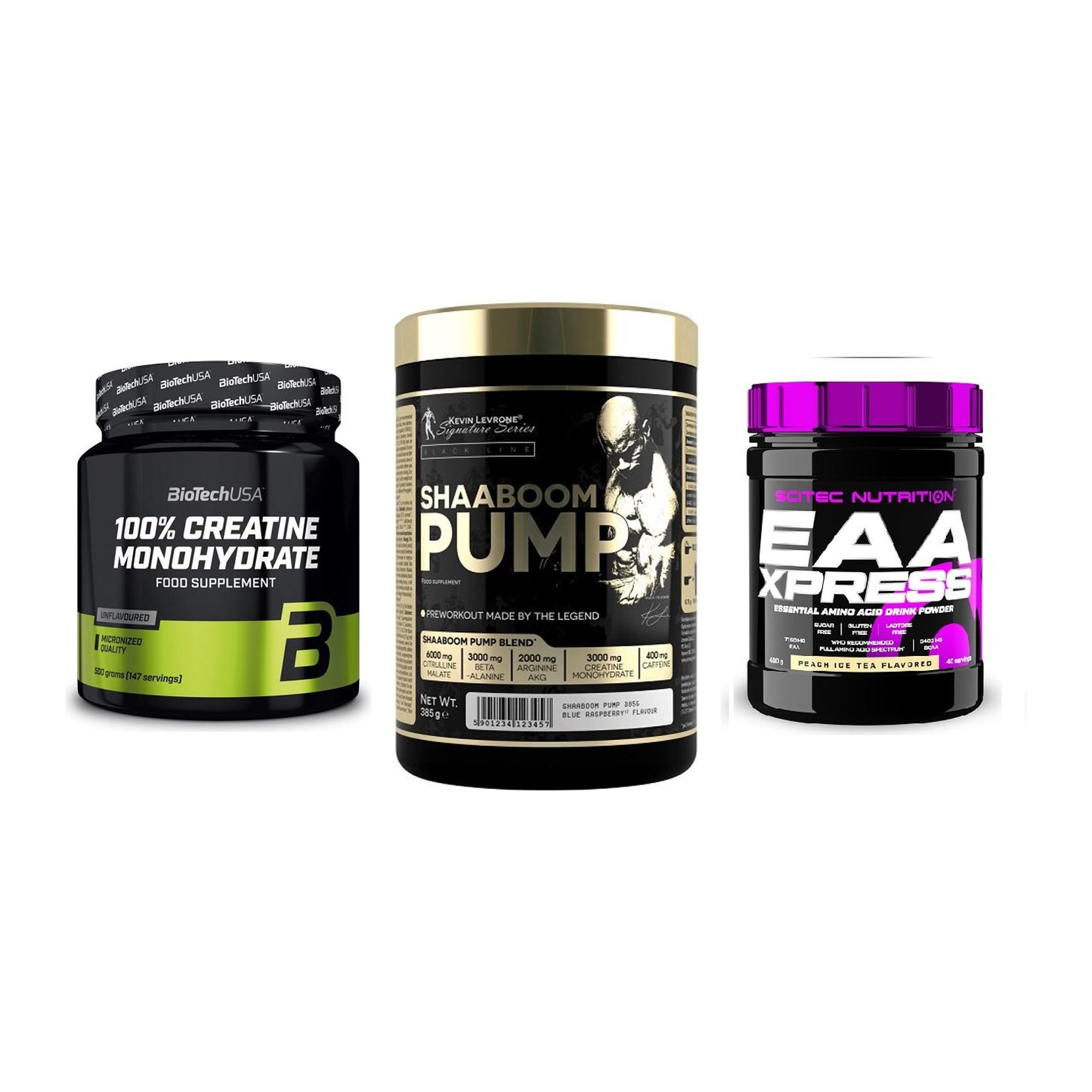 Kraft-Stack: BioTech Creatine + Kevin Levrone + Scitec EAA Xpress – alle enthaltenen Artikel