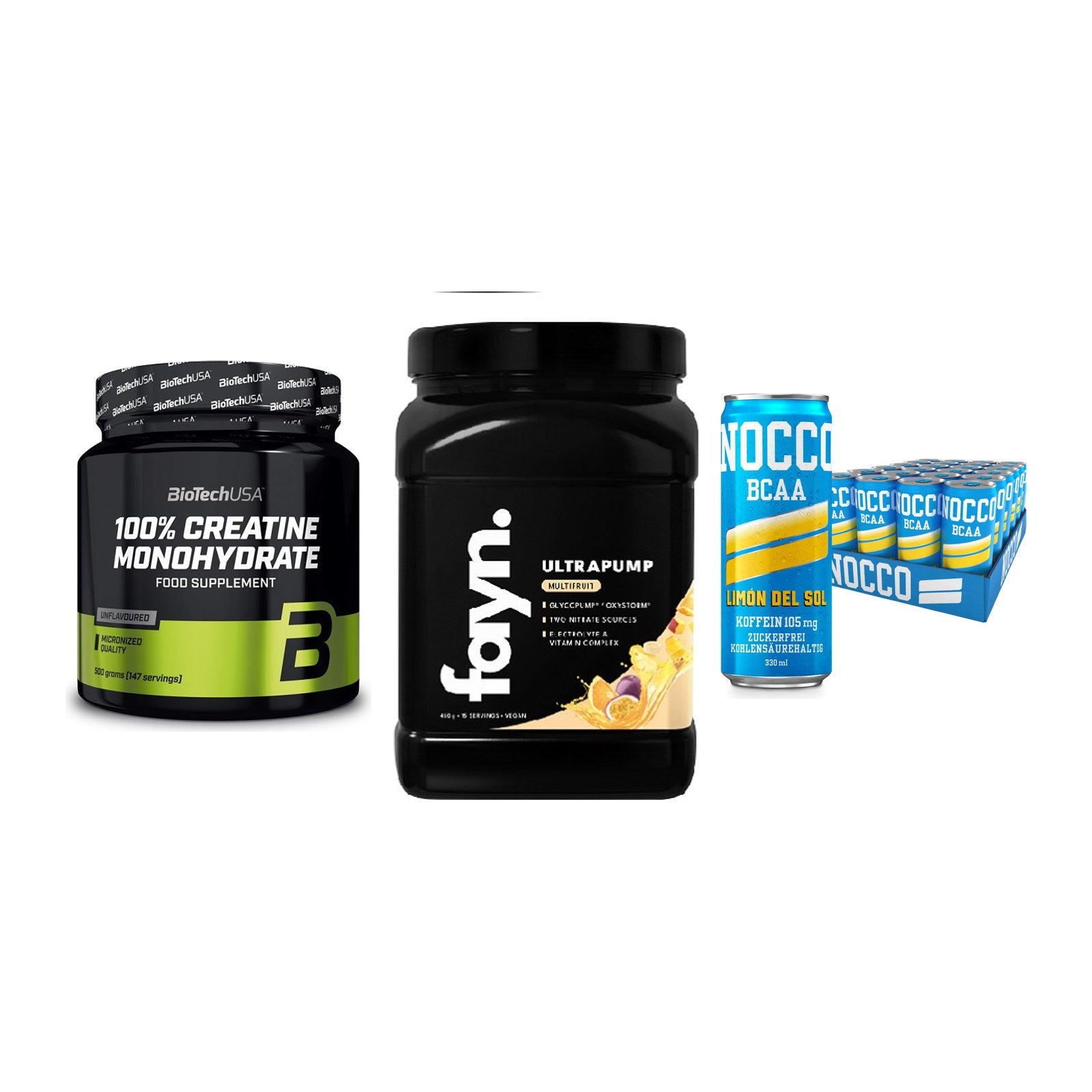 Kraft-Stack: BioTech Creatine + Fayn. Ultrapump + Nocco BCAA Drink – alle enthaltenen Artikel