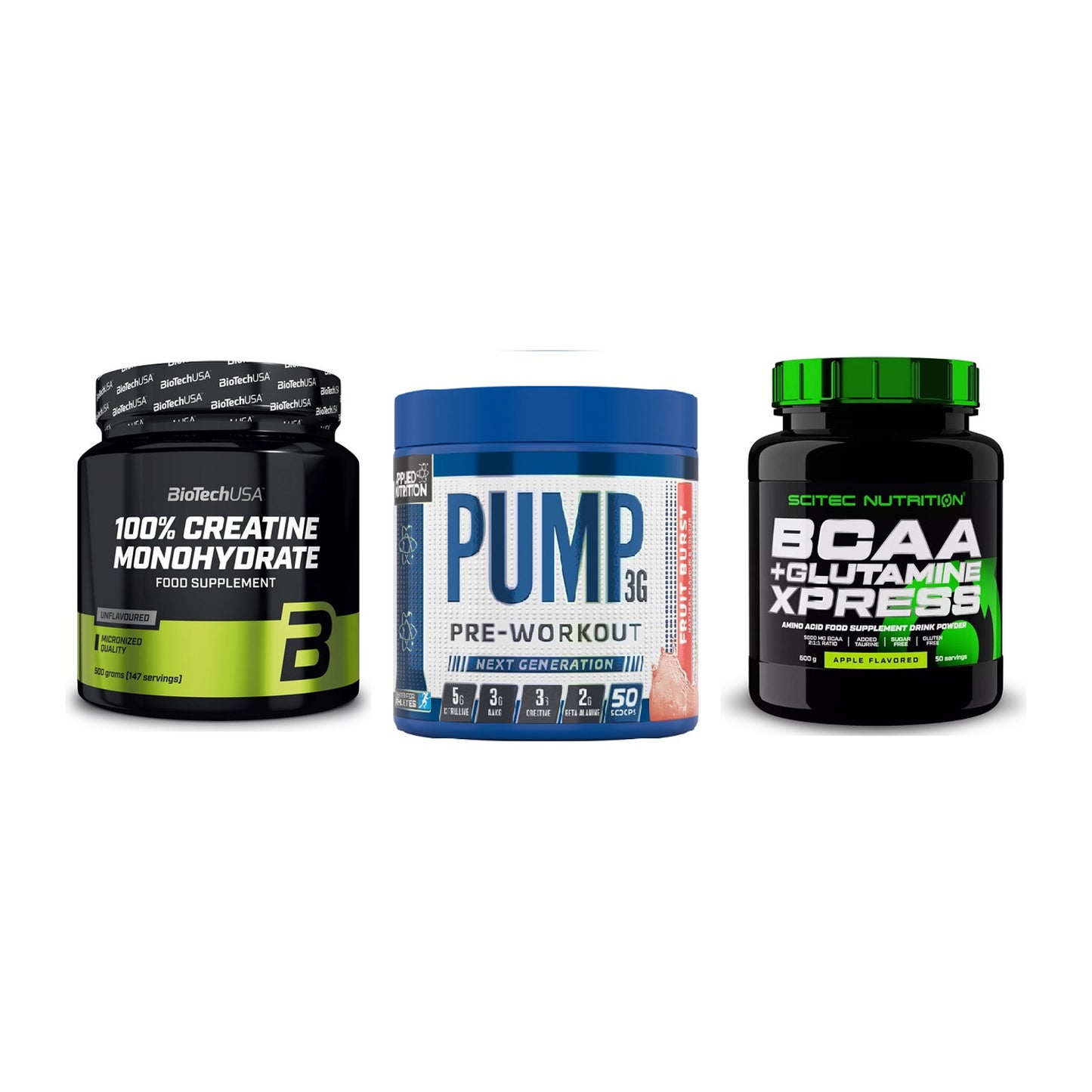 Kraft-Stack: BioTech Creatine + Applied Nutrition + Scitec BCAA – alle enthaltenen Artikel