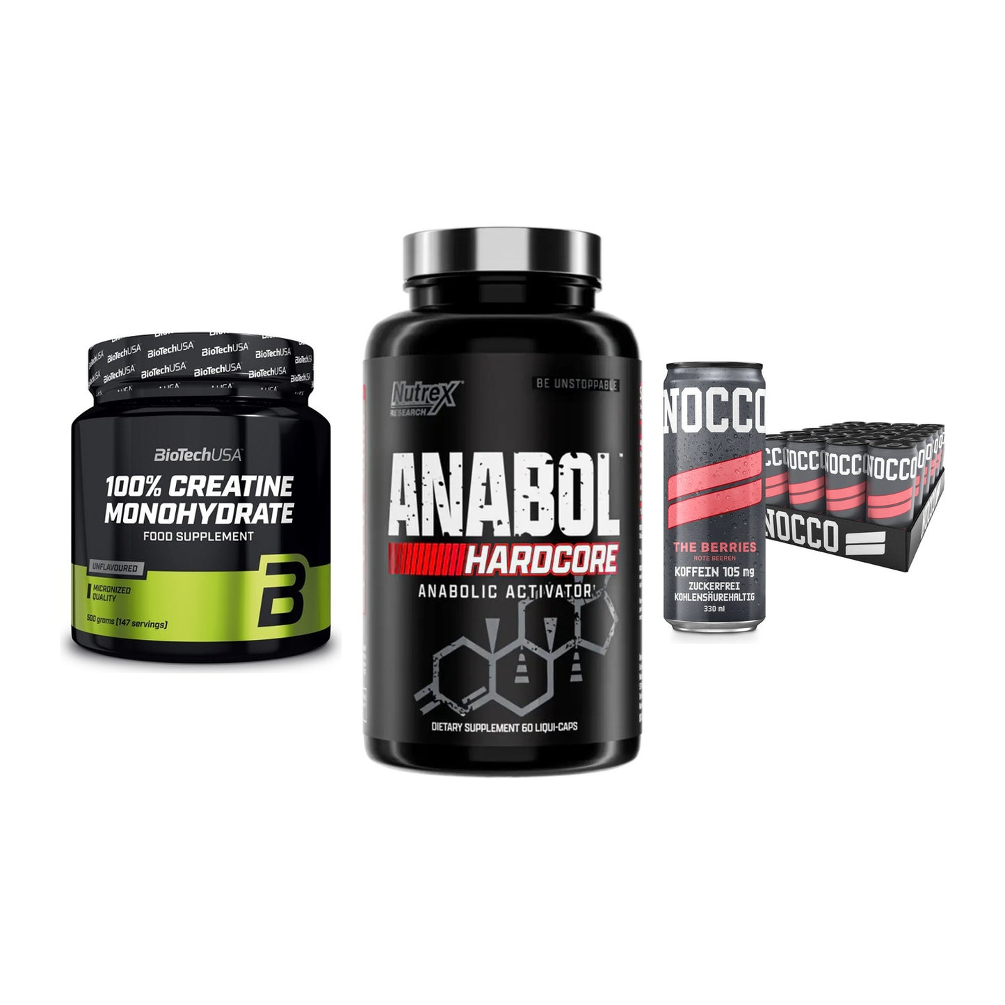 Kraft-Stack: BioTech Creatine + Nutrex Anabol + Nocco BCAA Drink – alle enthaltenen Artikel
