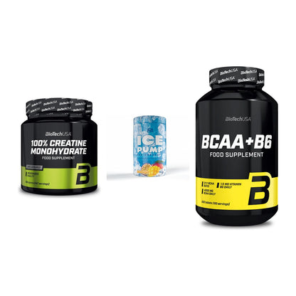 Kraft-Stack: BioTech Creatine + FA Nutrition ICE + BioTech BCAA+B6 – alle enthaltenen Artikel