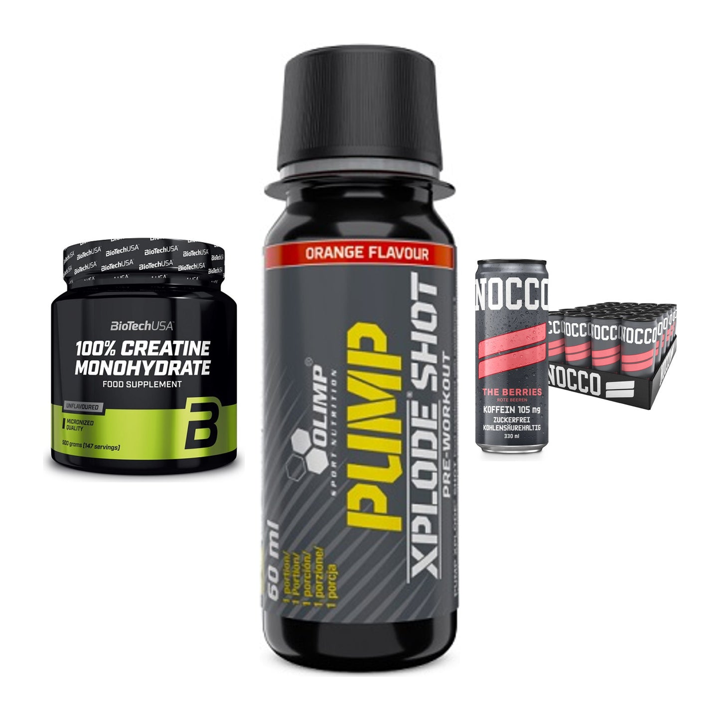 Kraft-Stack: BioTech Creatine + Olimp Pump Xplode + Nocco BCAA Drink – alle enthaltenen Artikel