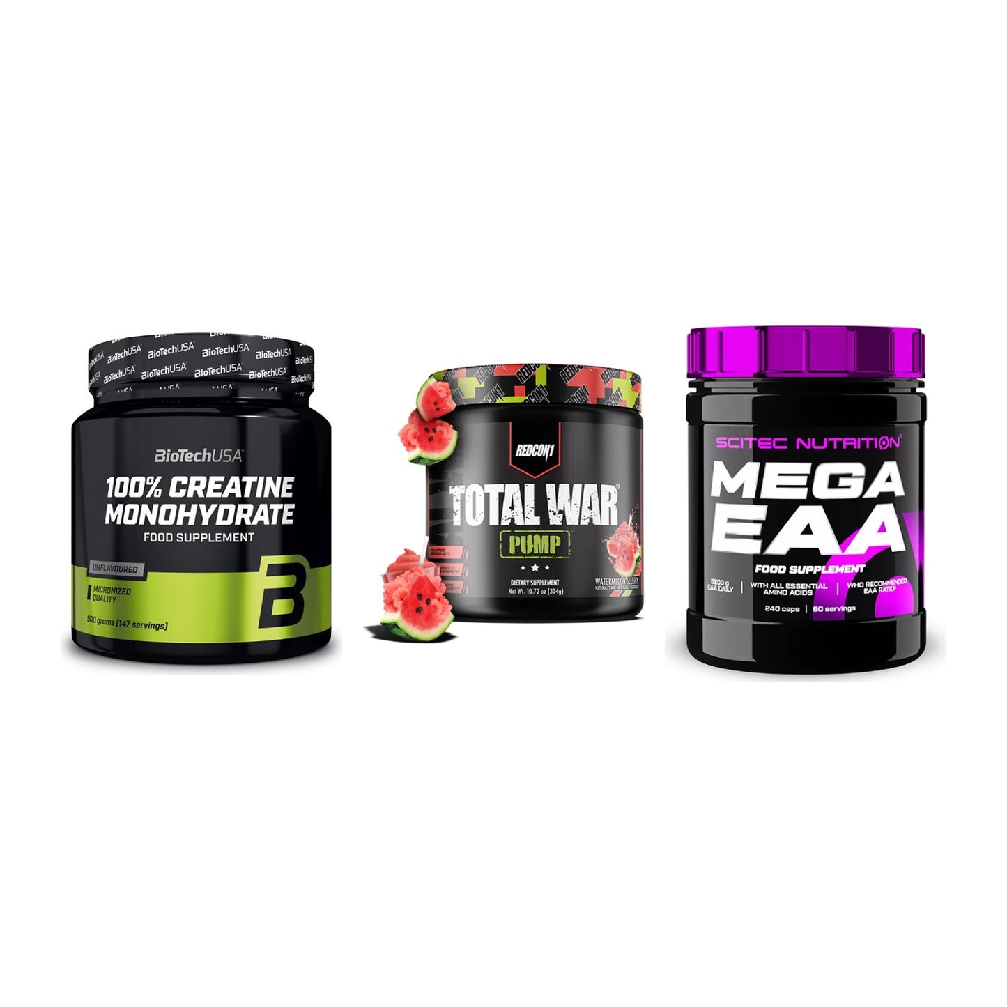 Kraft-Stack: BioTech Creatine + Redcon1 Total War + Scitec Mega EAA – alle enthaltenen Artikel