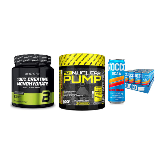 Kraft-Stack: BioTech Creatine + NXT Nutrition TNT + Nocco BCAA Drink – alle enthaltenen Artikel
