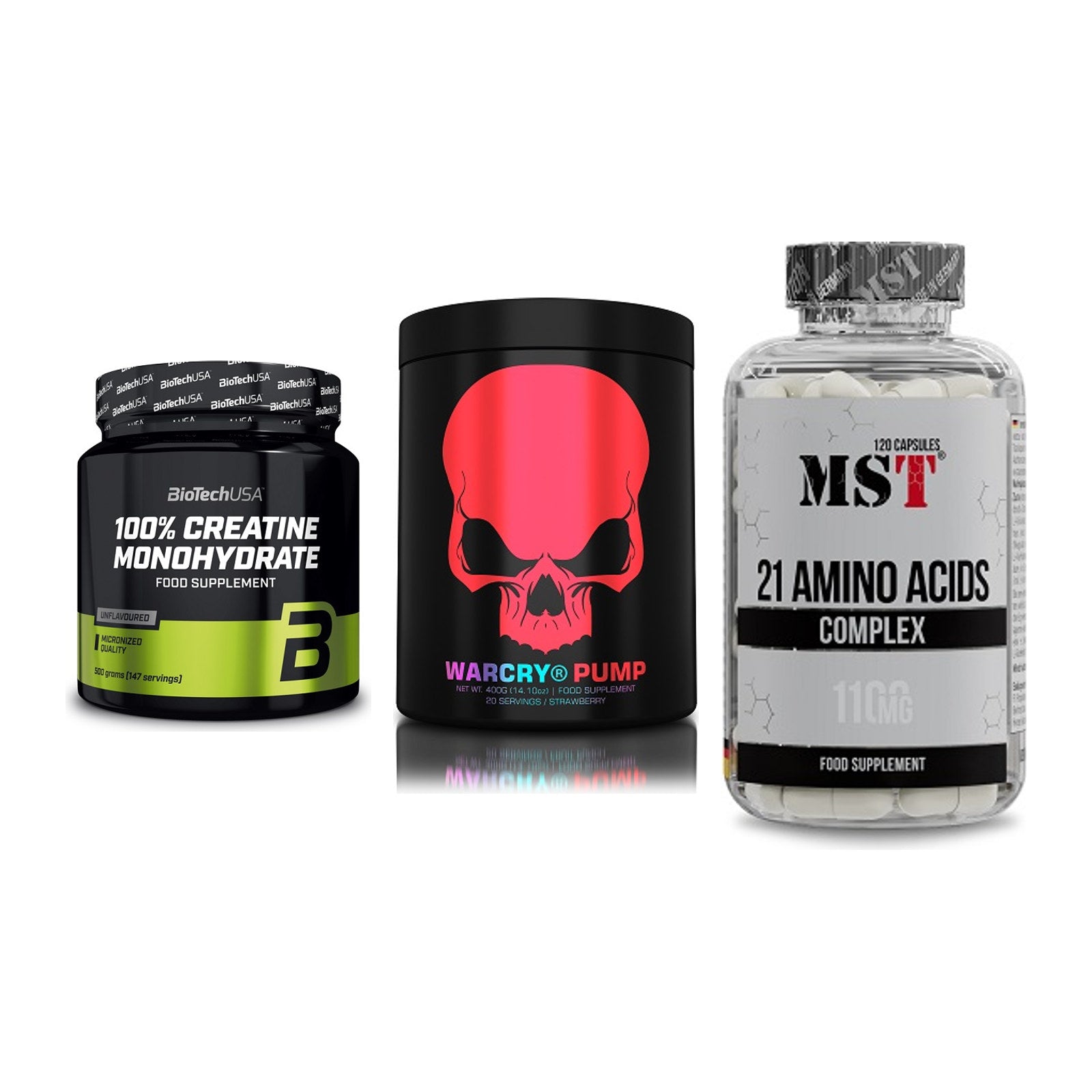 Kraft-Stack: BioTech Creatine + Genius Nutrition + MST 21 Amino – alle enthaltenen Artikel