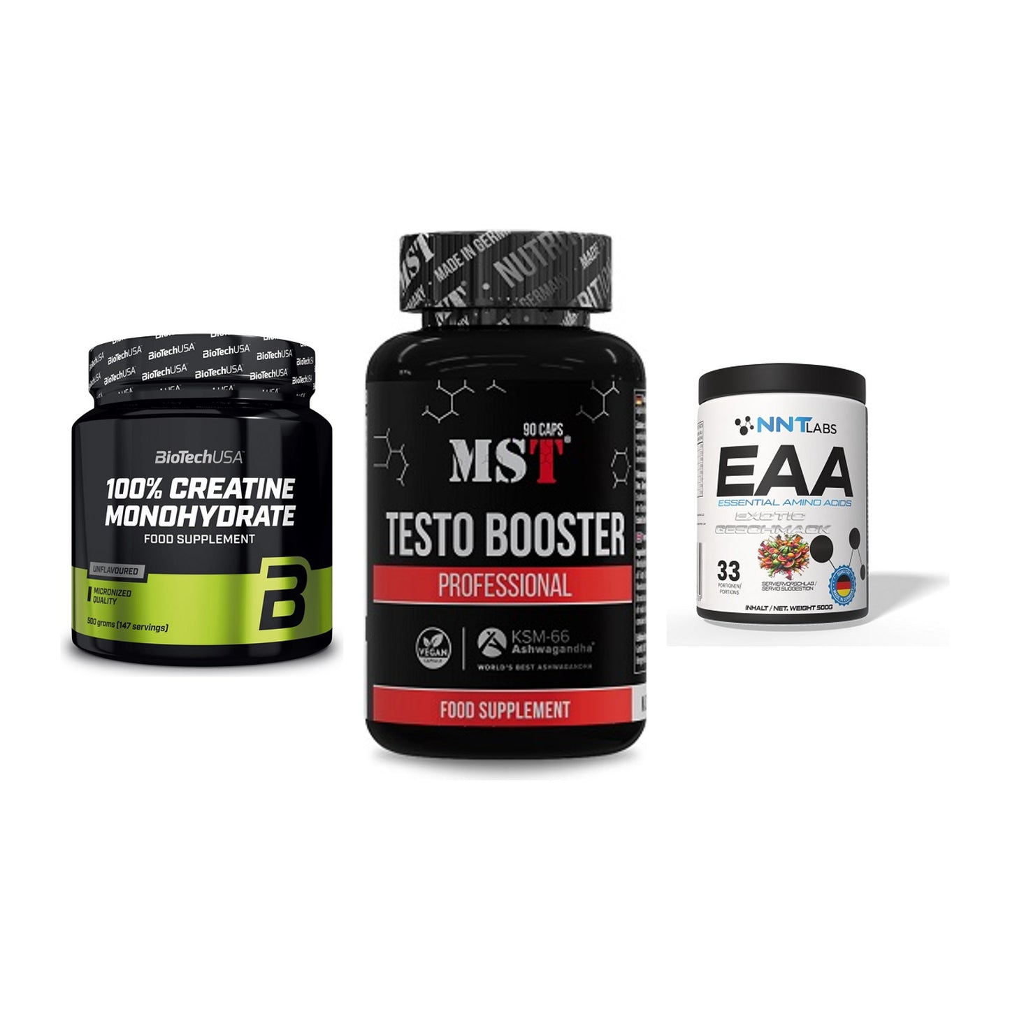 Kraft-Stack: BioTech Creatine + MST Testo Booster + NNT EAA – alle enthaltenen Artikel