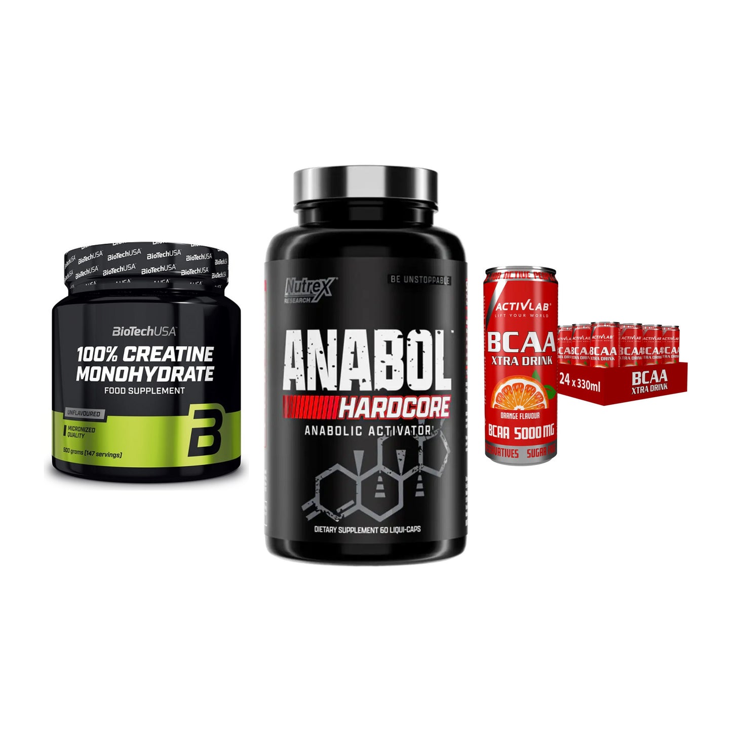 Kraft-Stack: BioTech Creatine + Nutrex Anabol + Activlab BCAA – alle enthaltenen Artikel