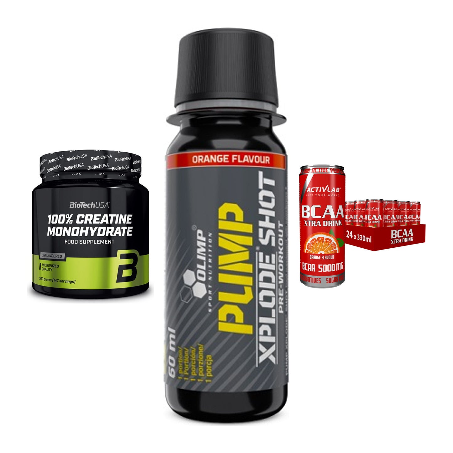 Kraft-Stack: BioTech Creatine + Olimp Pump Xplode + Activlab BCAA – alle enthaltenen Artikel